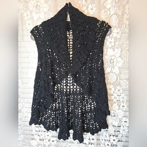 Ya Los Angeles, Black Crochet Vest, Women Sweater, Sleeveless Medium